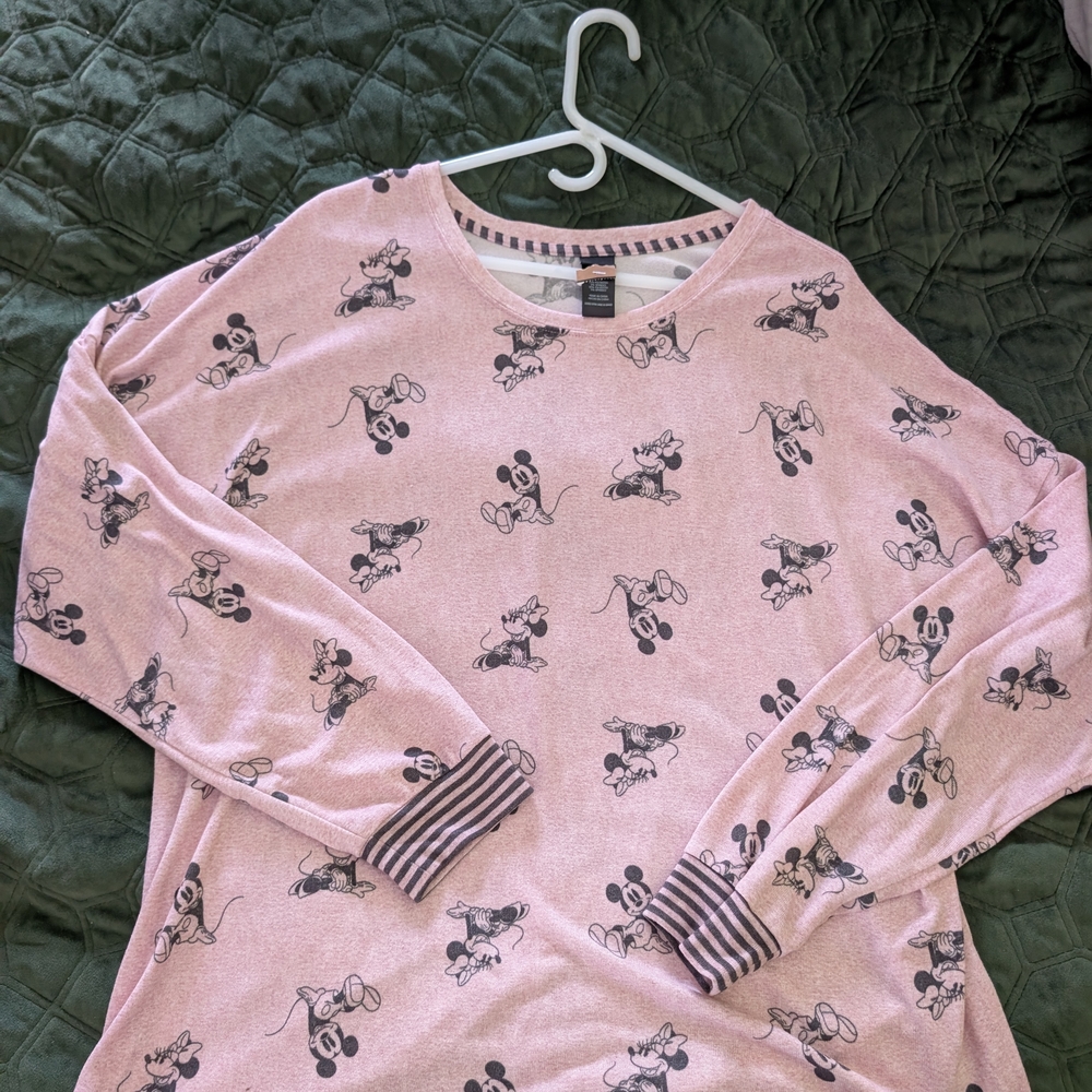 Disney Soft Pink Flannel Jersey Top Mickey Mouse Print With Drawstring Waist